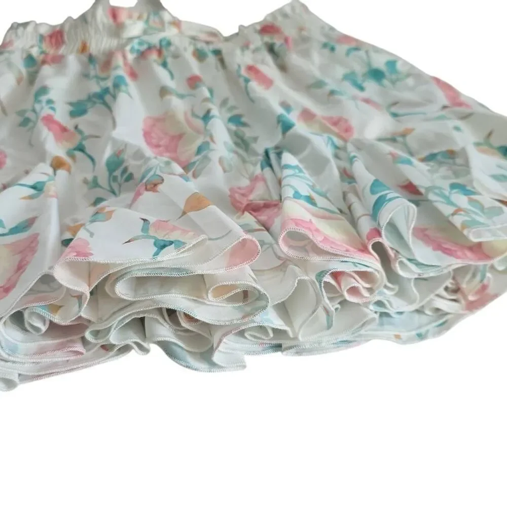 Shein Girl's Size 10 White Pink Green Rose Print Ruffle Skirt